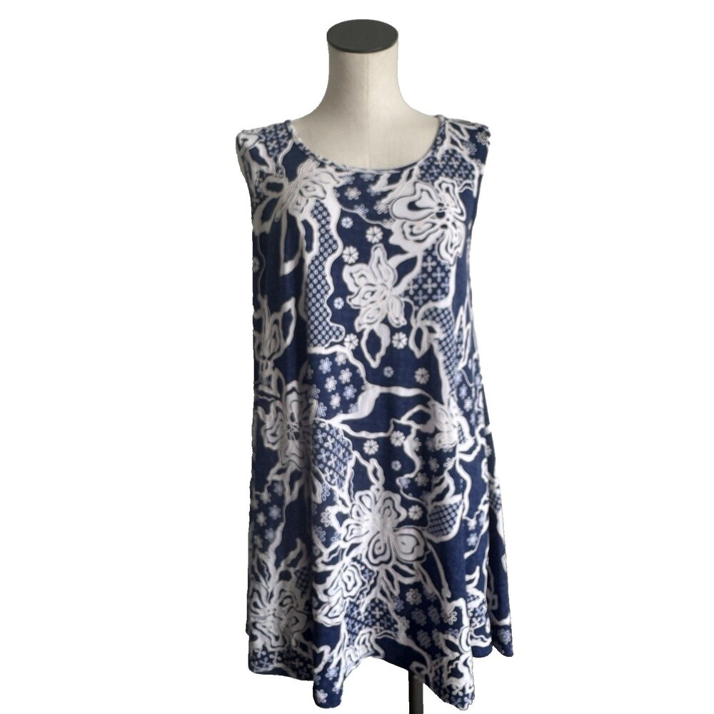 SJS Floral Sleeveless Blue White Shift Dress Coastal Textured Cruise Medium